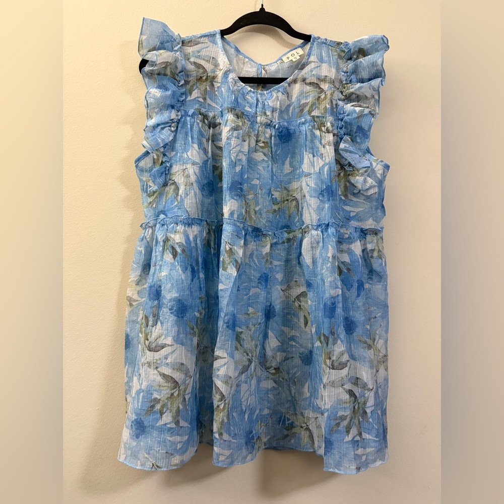 POL Floral Ruffle Semi-Sheer Sleeveless Tunic in Blue - S‎ (oversized)